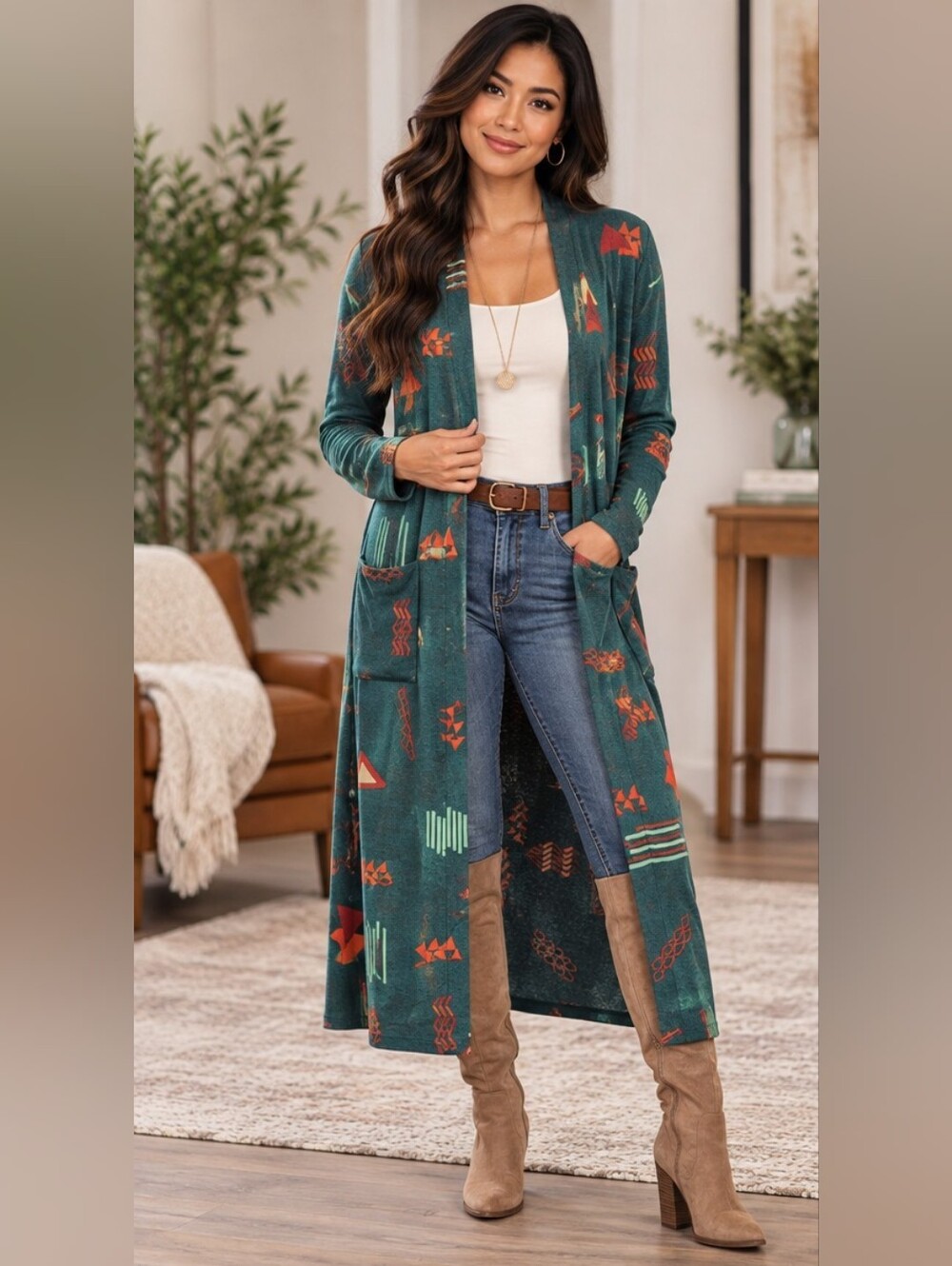 LULAROE | Sarah Teal Green Orange Geometric Long Duster Cardigan size XS